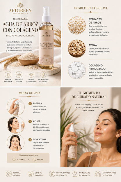 Tónico Facial Aclarante con Agua de Arroz y Colágeno – Ilumina y Unifica el Tono